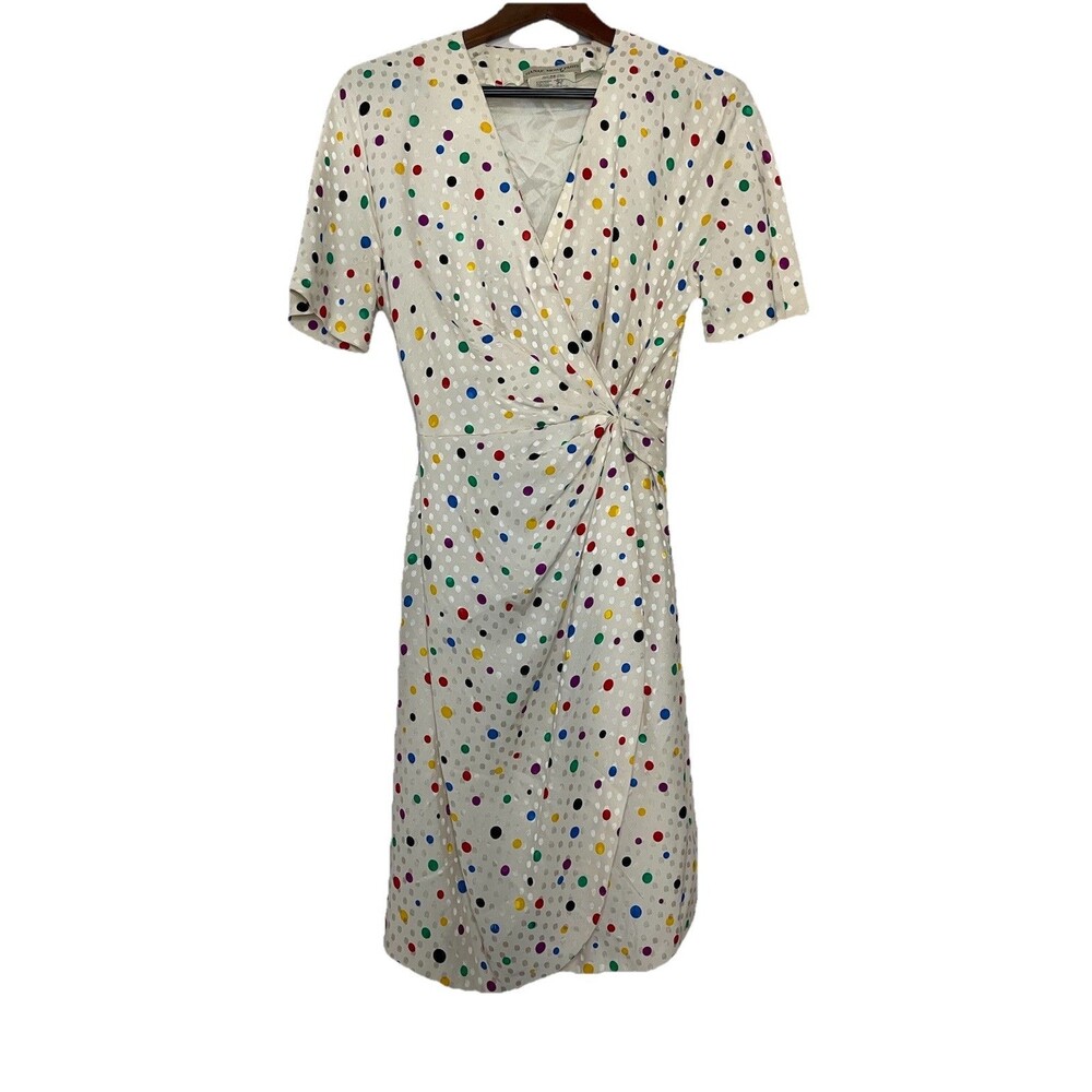 Hanae Mori Paris 100% Silk Women's Cream Polka Dot Short Sleeve Dress Vintage